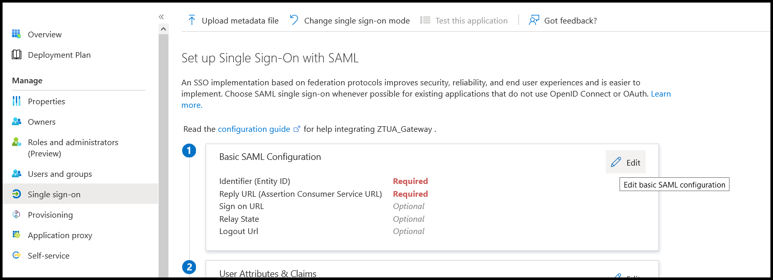 Edit single sign on SAML